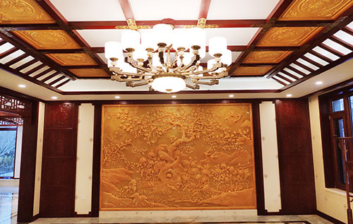 六盘水中式别墅客厅中式木作横梁吊顶装饰展示